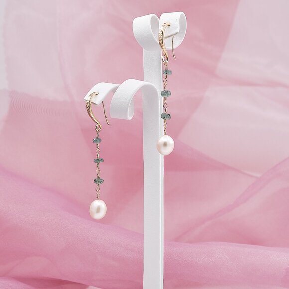 Pearl & Paraiba Tourmaline Earrings, 14K Gold Filled Hammered French Hooks - Picture 4 of 8
